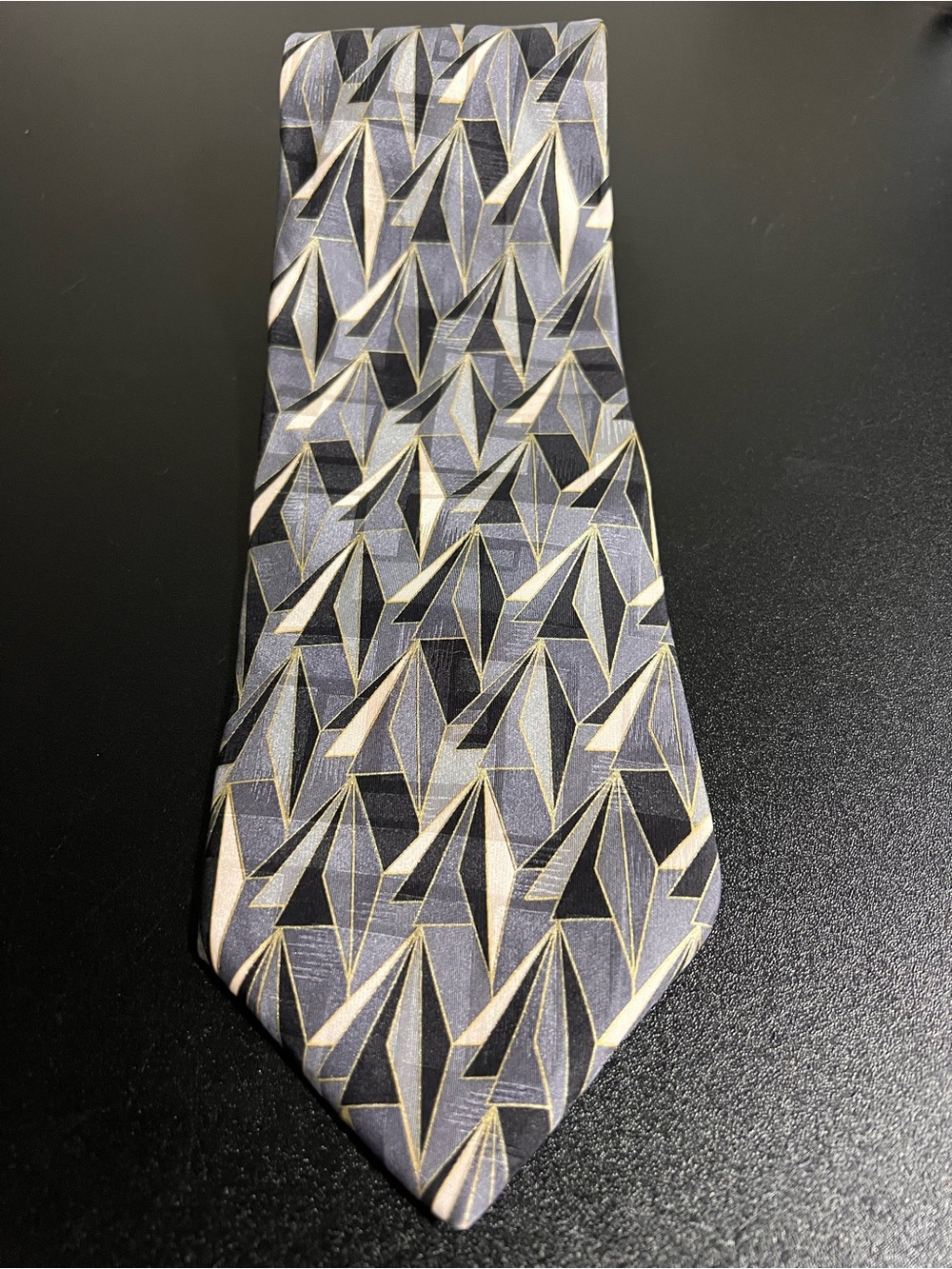 Vtg Zylos George Machado 100% Italian Silk Tie Geometric Art Deco 90s Grey 4”